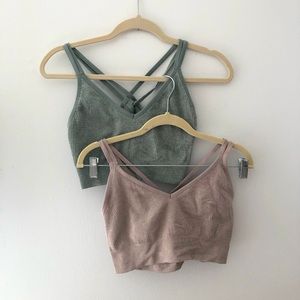 2 Aerie Ribbed Crossback Strappy Stretch Bralettes Pale Green & Taupe Size XXL
